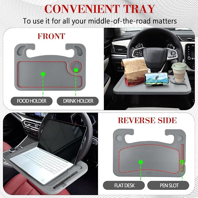 2 in 1 Car Steering Wheel Desk, Car Tray, Car Steering Wheel Desk Tray & Auto Seat Gap Filler Organizer, Multipurpose Travel Auto Steering Wheel Under Table Console for Most Vehicles (Grey) - Image 4