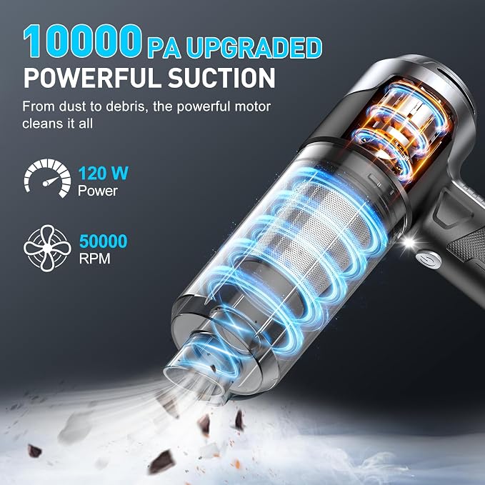 KMM Handheld Car Vacuum Cleaner, 10000PA Hand Held Vacuum & Air Duster | 120W High Power, Portable Cordless, Rechargeable with Multi-Nozzles & LED Light for Home, Car, Office - Image 2