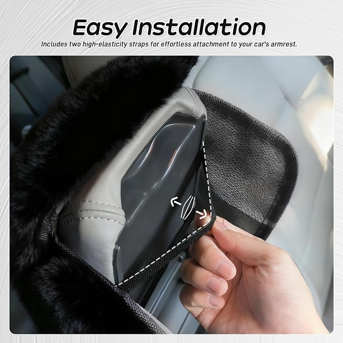 Fluffy Car Armrest Cover with Side Pockets – Plush Fuzzy Fur Center Console Armrest Cushion Pad, Universal Winter Car Interior Protector, Soft Arm Rest Cover with Storage for Women & Men (BLACK) - Image 5