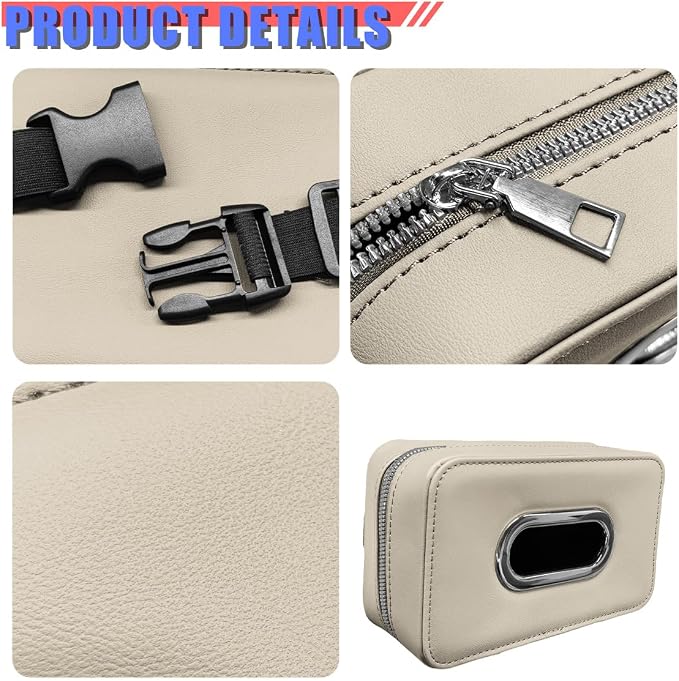Craedli Car Tissue Holder, Leather Backseat Tissues Box Cover Rectangular Car Napkin Holder for 100-150 Tissues Organizer, Large Napkin Case Auto Headrest Hanging Mask Dispenser for SUV Sedan (Beige) - Image 5