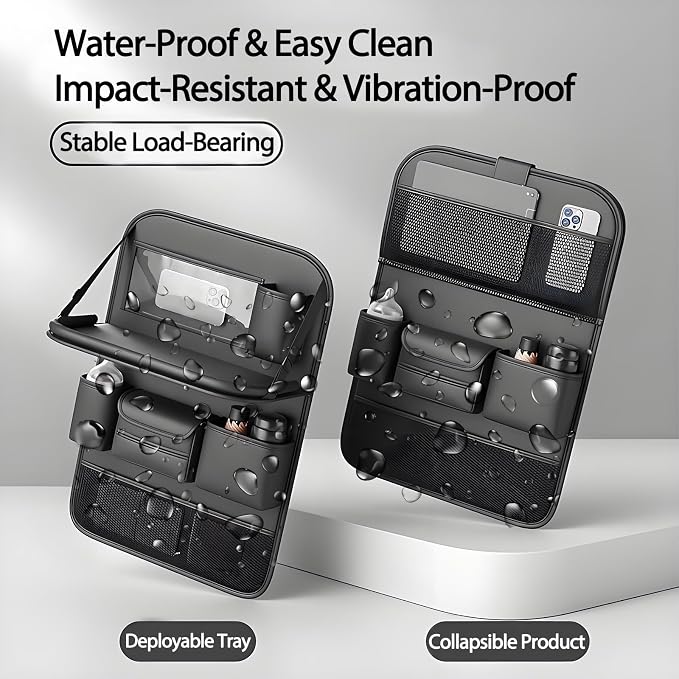 Foldable Car Backseat Organizer with Table Tray, Car Seat Back Protector with Touch Screen Phone Holder, Premium Leather Kick Mats with Storage Pockets Tissue Holder (Black) - Image 5