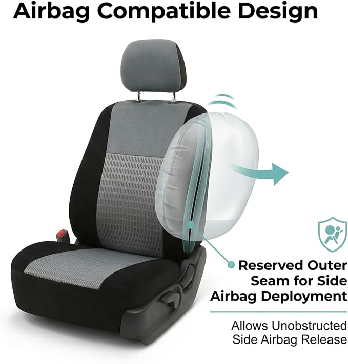 FH Group Universal Car Seat Covers Full Set for SUV Truck Sedan Vans | 3D Textured Breathable Fabric Seat Cover Set with Airbag Compatible Split Bench Protector Interior Upgrade - Gray/Black - Image 4