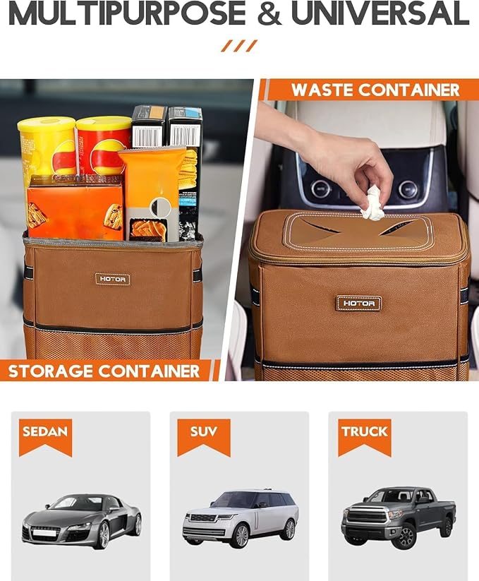 HOTOR Car Trash Can, Compact Waterproof Organizer, Leak-Proof Bin, 3-Gallon | Brown, Multifunctional Car Accessory with Adjustable Straps & Magnetic Snaps for Interior Car Storage - Image 7