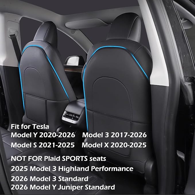 TOPABYTE Seat Back Kick Protector for Tesla Model Y Model 3 Model S Model X | Scratchproof Leather Backseat Mats for Kids & Pets Wear-Resistant Back Seat Cover with Extra Organizer Pocket 2 PCS - Black - Image 2