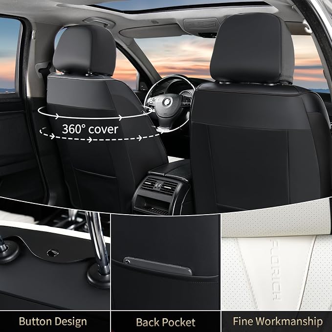 FLORICH Waterproof Front Car Seat Cover Faux Leather Automotive Seat Cover Front Car Seat Cushion Car Seat Protector Accessories Universal Fit for Most Cars SUV Trucks, Black&White - Image 2