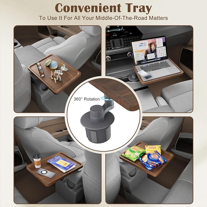 Car Tray & Car Desk for Laptop with Anti-Slip Protective Mat, 360° Rotating Wood Cup Holder Table, Eating Food, Working, Compatible with Tesla Model Y/3/S, Ford F150/Explorer/Maverick & Most Vehicles - Image 6