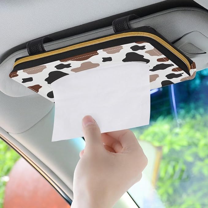 Biyejit Car Tissue Holder, Brown Black Cow PU Leather Tissue Holder, Durable Sun Visor Tissue Holder Napkin Holder, Car Backseat Tissue Case Dispenser, 1 Pack - Image 3