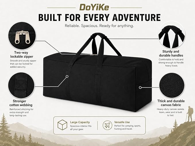 DoYiKe Canvas Travel Duffle Bag Heavy Duty, Sports Duffel Military Camping Tent Storage 60L Black - Image 4