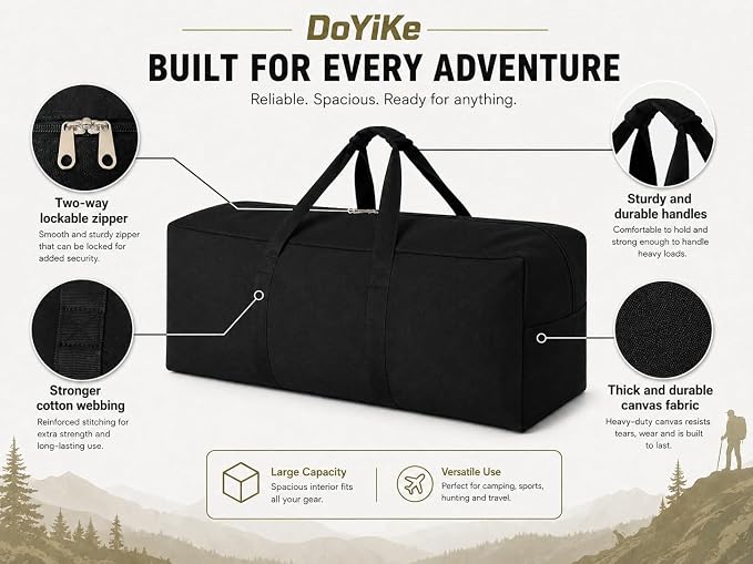 DoYiKe Canvas Duffle Bag for Travel Heavy Duty Military Duffel Tent Storage | Gear Equipment Sports Camping Bag with Lockable Zipper Armygreen Side Opening 60L - Image 4