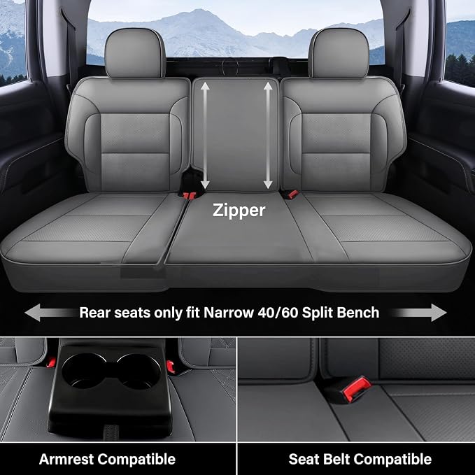 Coverado Silverado Seat Covers Full Set, Faux Leather Car Seat Covers Fit for Chevy Silverado GMC Sierra 2007-2013 & 2019-2026 1500, 2020-2026 2500HD 3500HD Crew Double Extended Cab(Gray) - Image 3