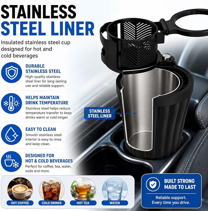 Car Cup Holder Expander with Phone Holder, 360° Adjustable Cup Holder Extender, Upgraded Stainless Steel Liner, Fits 40 oz Tumblers, Water Bottles, Coffee Cups and Large Drink Containers - Image 5