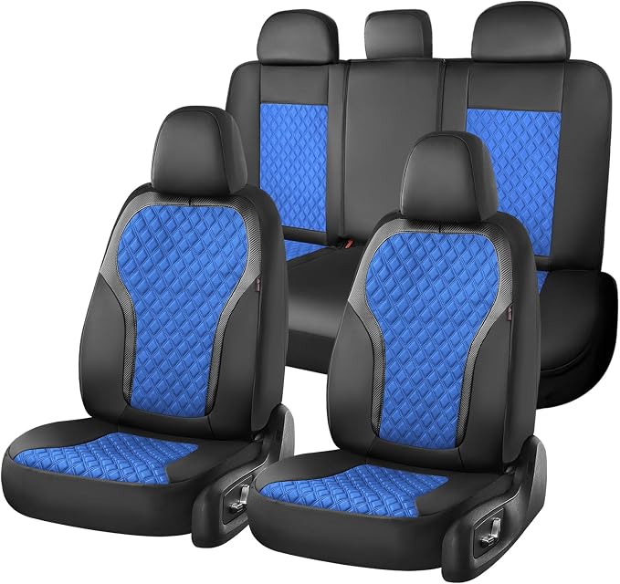 Coverado Seat Covers Full Set, Luxury Diamond Leather Car Seat Cover with Carbon Fiber Textured Design, Waterproof Car Seat Protector, Black&Blue Front and Rear Seat Covers Universal Fit Most Cars by COVERADOAUTO