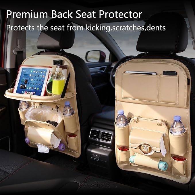 Car Seat Organizer, Multifunctional Backseat Protector Mat, Storage Bag and Tray Rack, Trash Storage (Suitable for Cars, Children, Back of Seats, and Rear Seats) (WHITE, Leather 1-Piece Set) - Image 2