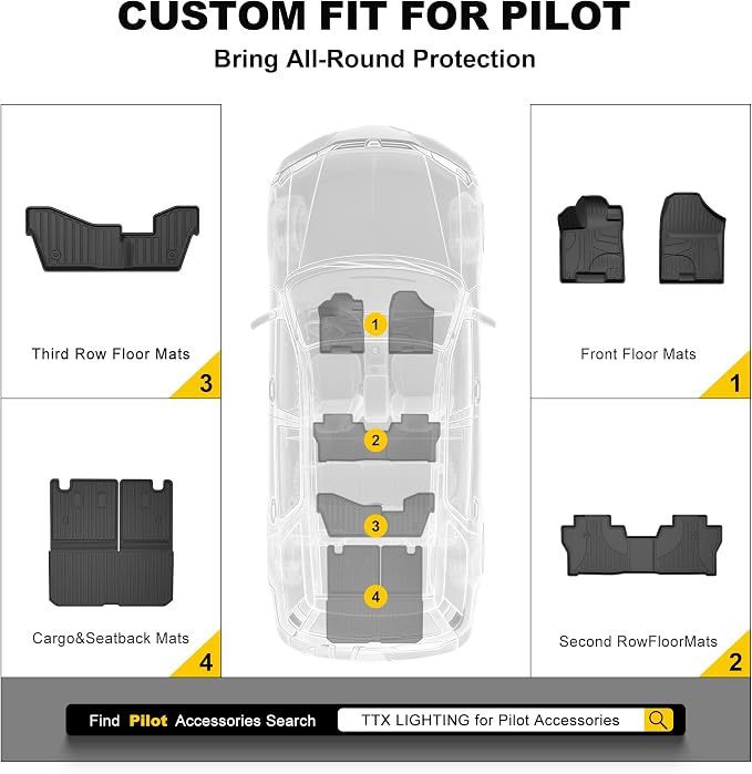 Floor Mats Fit for Honda Pilot 8 Seats 2016-2022 (No Elite Models) | TTX LIGHTING All Weather Cargo Liner with Back Seat Cover TPE Trunk Mat & Backrest Mat & Floor Liners Pilot Accessories - Image 9