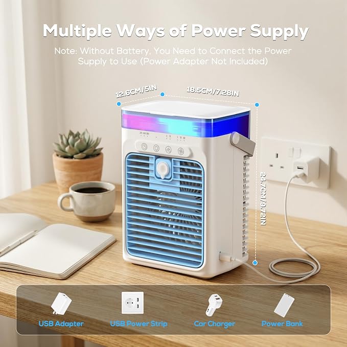 Portable Air Conditioners, Personal Evaporative Air Cooler, 3-Speed Small AC Fan, 8H Auto-off, Mini Air Conditioner, Cooling Fan for Car, Desktop, Camping, Bedroom, Office (Blue) - Image 7