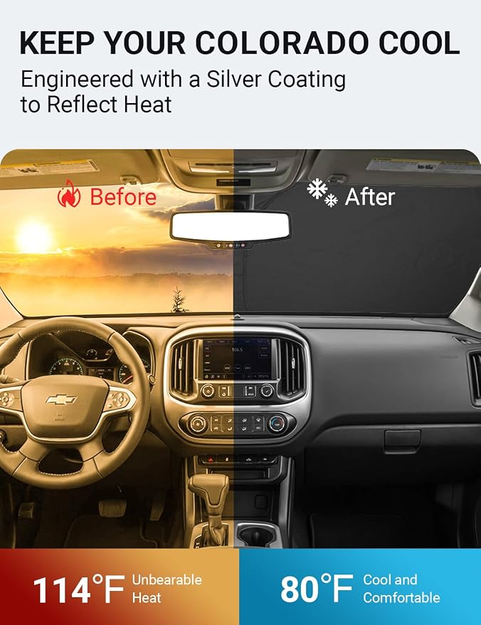 Proadsy Custom Fit Car Windshield Sun Shade for 2015-2022 Chevy Colorado | 240T Heat Shield, Drops Temp 54°F, Blocks 99% UV, Prevents Dashboard Cracking, Summer Parking & Beach Trips, Easy Twist-Fold - Image 2