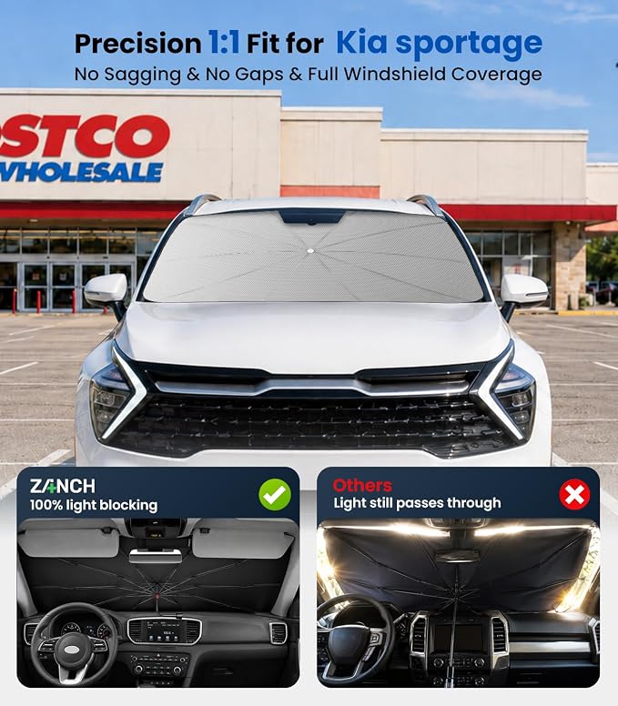 Zanch Windshield Sun Shade Umbrella: 3D Scan Custom Fit for Kia Sportage 2005-2026 [99% UV Protection, Up to 75℉ Cooler] Reflective Heat Shield, Foldable Front Sunshade Umbrella, Car Accessories - Image 4