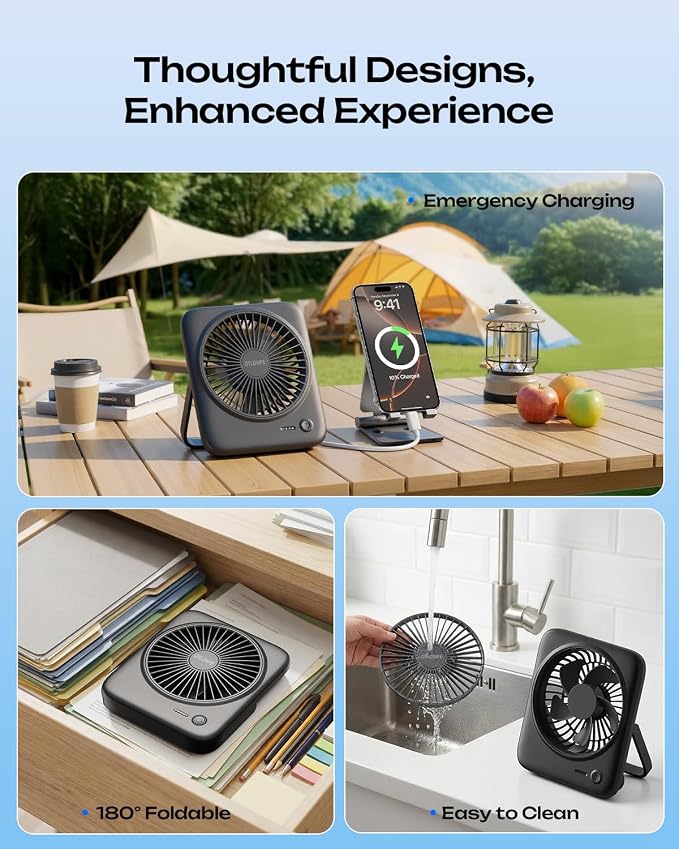 Otlonpe Personal Portable Desk Fan, 4000mAh Small Rechargeable Portable Fan Battery Operated & USB Powered for Travel Sleeping Bedroom Office Home Table, Cordless, Quiet, 4-Speed, 6.5 Inch (Black) - Image 6