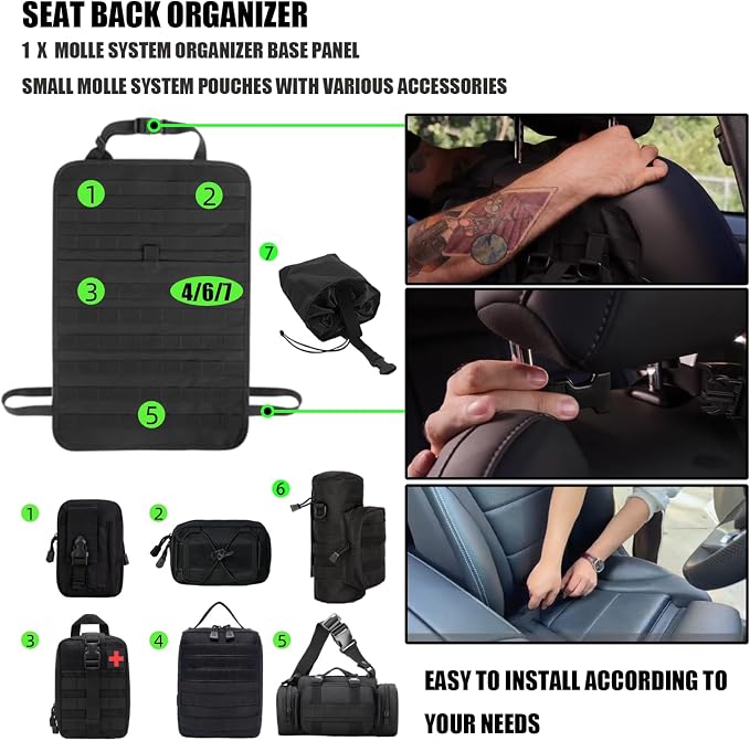 7 PACK Tactical Seat back organizer Truck organizer With 6 Detachable Pouches Universal For Car Truck Ford Jeep Military-Grade Heavier Panels With Multi-functional Packs (8 Pack Black) - Image 4