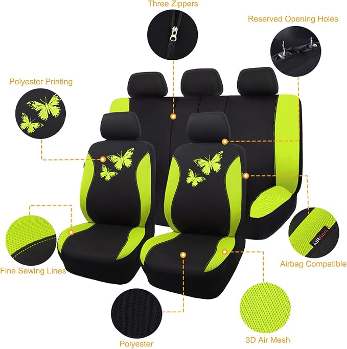 Flying Banner Butterfly car seat Covers ful Set Fashion Universal Lady Woman Female Rear Bench Split Colorized (Green, Full Set) - Image 9
