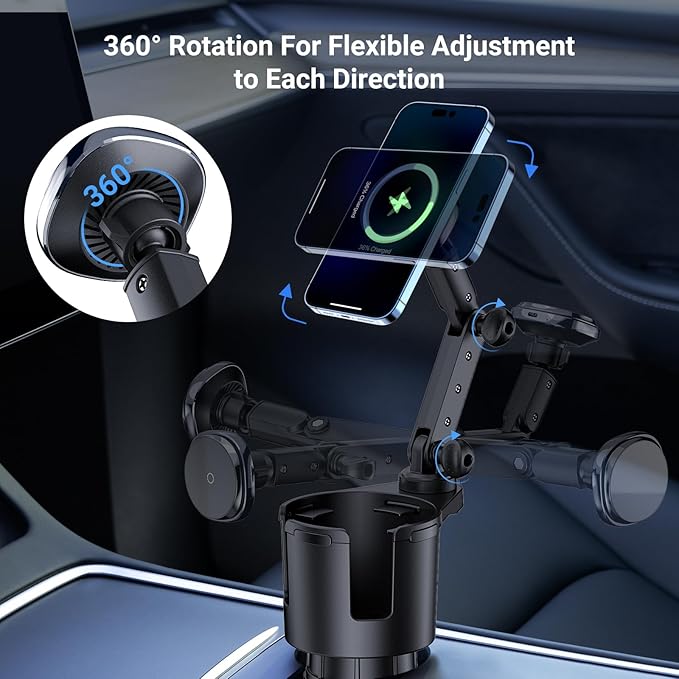 This Hill for Magnetic Cup Holder Charger, 360° Rotating Wireless Magnetic Car Charger, Fast Charging Phone Holder for iPhone 17 16 15 14 13 12 and Samsung Galaxy S20 Above Series [With QC 3.0 Adapter - Image 4