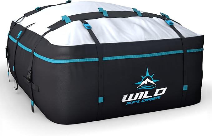 Rooftop Cargo Carrier 15 Cu Ft, Waterproof Soft Shell Roof Bag | Heavy Duty Car Top Luggage Cargo Bag with Patented Door Hooks, Protective Mat and Storage Bag (44 x 34 x 17 in, L) by WildXplorer