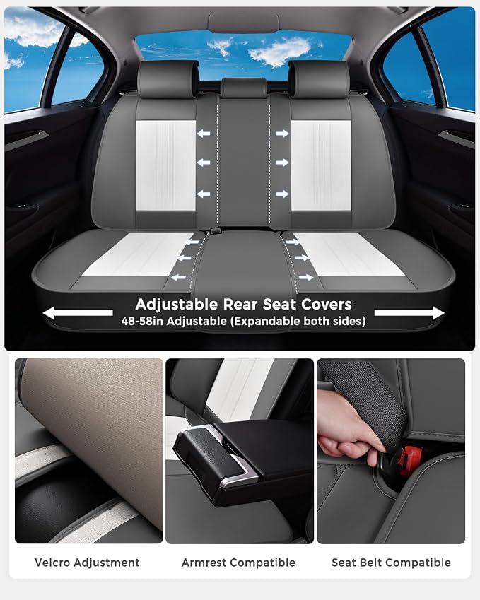 Huidasource Automotive Seat Covers, Luxury Faux Leather Seat Covers Leather, Velcro Adjustable, with Airbags, Child Seat, Cooling＆Heating, Universal Fit for Most Cars, Vans, Trucks, SUVs, Gray＆White - Image 3