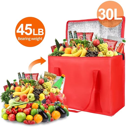 Bodaon 1-Pack Insulated Reusable Grocery Shopping Bags, X-Large Picnic Cooler Bag with Top Cold, Insulated Food/Pizza Delivery Bag (Red) - Image 4