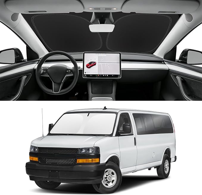 Custom Fit Windshield Sun Shade for Chevrolet Express 1996-2026 | Blocks UV Rays and Sun Heat, Helps Reduce Interior Temperature, Protects Dashboard from Fading, Folds Easily for Storage by SLOGENTO