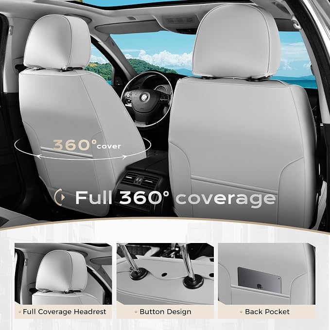 Coverado Car Seat Covers Front Seats, Luxury Stain-Resistant Waterproof Faux Leather Full Set with Rear Protectors, Elegant Easy-Clean Automotive Interior – WhiteBlack - Image 2
