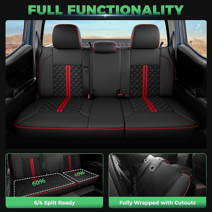 RIDEPOSH Custom Leather Seat Covers for Toyota Tacoma Double Cab 2016-2023 | full set, BKred, OEM fit, premium waterproof leather, anti-slip, extra pockets, long-term durability, airbag compatible - Image 5