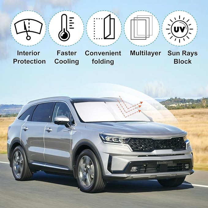 Front Windshield Sun Shade Foldable Car Front Window Sun Shade Windshield Shade Custom Fit for 2021-2025 2026 Kia Sorento SUV Block UV Rays Accessories Heat Keep Cooler - Image 3