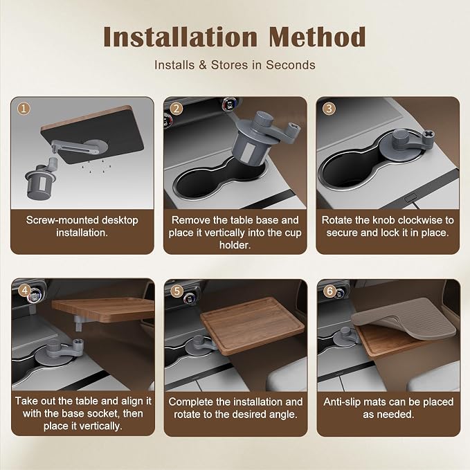 Car Tray & Car Desk for Laptop with Anti-Slip Protective Mat, 360° Rotating Wood Cup Holder Table, Eating Food, Working, Compatible with Tesla Model Y/3/S, Ford F150/Explorer/Maverick & Most Vehicles - Image 8