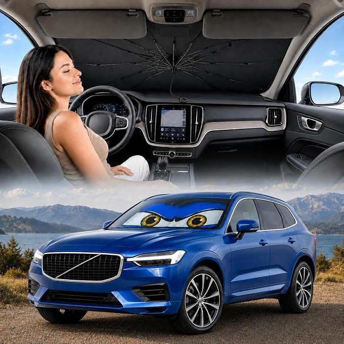Car Windshield Sun Shade Umbrella, Universal Fit Mid-Large Sedans & SUVs | 57 x 31" Car Sun Visor, Foldable UV Heat Blocking Auto Sunshade with Rearview Mirror Cutout, Monster Blue Eyes by eygeufg