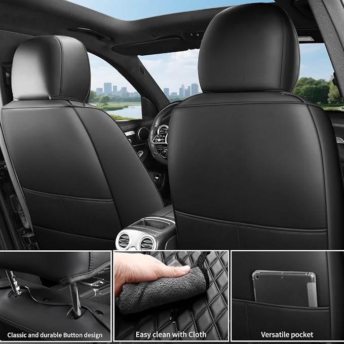 Black High-Density Nappa Leather Automotive Car Seat Covers Full Set | Univerasal Fit,3D Contoured,Waterproof,ThickTexture Nappa Leather,for most Suvs Trucks Sedans - Image 8