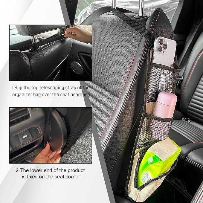Car Seat Side Organizer, Seat Side Storage Pocket, Multifunctional Mesh Net Pocket, Car Multi-Pockets Backseat Organizer Side Hanging Bag for Storage Coins, Cell Phones, Glasses (Beige, 1PCS) - Image 3