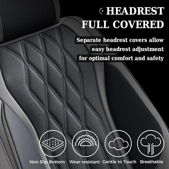Coverado Seat Covers FullSet, 5 Seats Car Seat Protector, Waterproof Nappa Leather Cushion, Front & Rear Fit for Most Sedans SUV Pick-up Truck-Gray&Black - Image 6