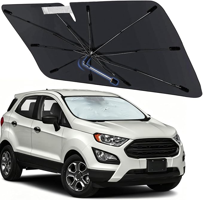 Windshield Sun Shade for Ford EcoSport 2018-2022, Foldable Umbrella Shade | Custom Fit Car Sun Visor with 360° Rotating Shaft, UV Protection Heat Shield Sun Blocker Heat Reflector and Easy Storage by Visufy