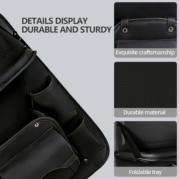 Universal Premium Leather Foldable Car Backseat Organizer with Table Tray, Car Seat Back Protector with Garbage Bag Touch Screen Pad Holder, Car Kick Mats with Tissue Box (Black) - Image 6