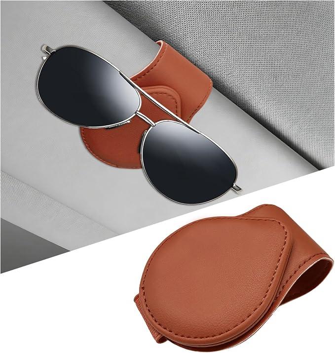 Magnetic Sunglass Holder for Car Visor, Leather Vehicle Sunglass Hanger Clamp Card Holder with Magnet, Universal Eyeglass Clamp Visor Ticket Organizer for Cars Trucks SUVs (Brown) by Pxobiug