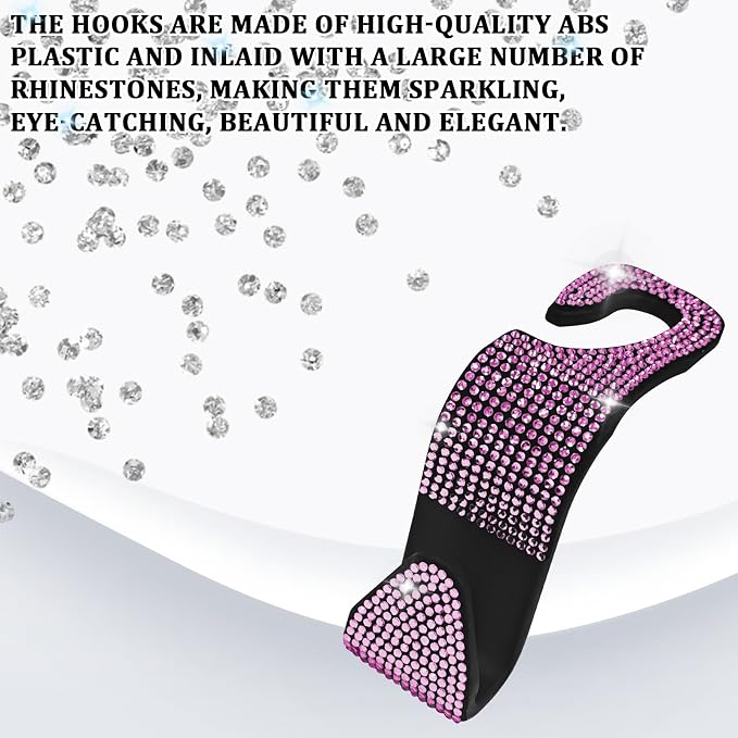 Bling Car Seat Headrest Hooks Pink Car Accessories for Women Crystal Rhinestone Auto Seat Back Hanger Storage Organizer for Purse Handbag Coat Grocery Bag, Universal Purse Hook for SUV Truck-2PCS - Image 3