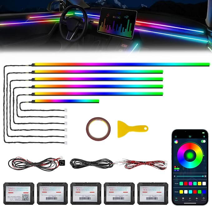 Acrylic Interior Car LED Strip Light with Wireless APP, RGB Dreamcolor 6 in 1 with 175 inches 600 LEDs Fiber Optic Strip Lights for Car, Dynamic Chasing Sound Active Neon Car Ambient Lighting Kits by Unknown