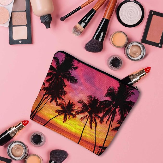 Tropical Beach Makeup Bags Makeup Organizer, Hawaii Ocean Beach Palm Trees Sunset Flax Toiletry Bags Travel Cosmetic Bag Makeup Purse Pouch Skincare Bag Wallet Bags For Women Female Mom - Image 3
