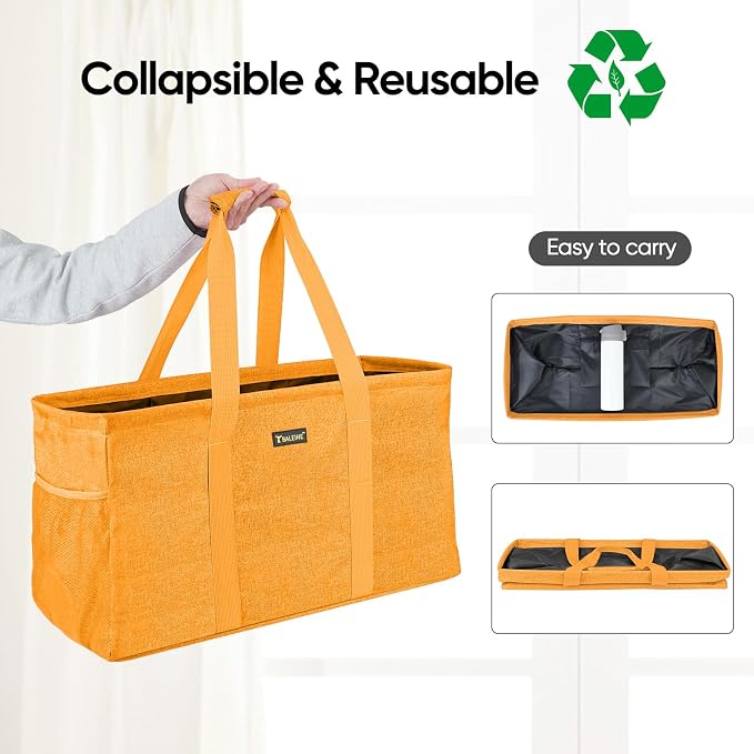 BALEINE Extra Large Utility Tote Bag with Reinforced Wire Frame, Reusable Grocery Bag for Shopping, Picnic (Yellow, 22''x12''x10'') - Image 5
