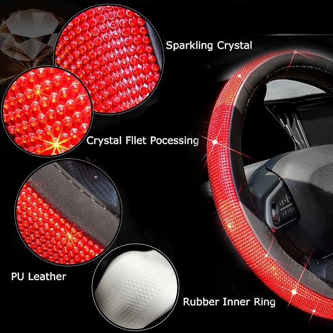 ChuLian New Diamond Leather Steering Wheel Cover with Bling Crystal | Universal Fit 15 Inch Car Wheel Protector for Women Girls with Bling Rhinestones Red Diamond - Image 6