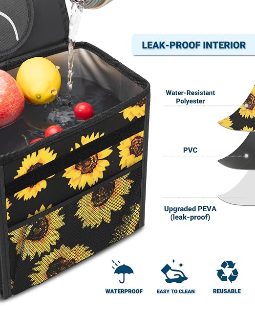 Capolo Car Trash Can with Lid, Leakproof Car Garbage Can Car Trash Bag | Waterproof, Trash Can for Car, 3 Mesh Pockets, Mini Hanging Vehicle Car Trash Bin, for Back/Front Seat (Sunflower,2.5 Gal) - Image 4
