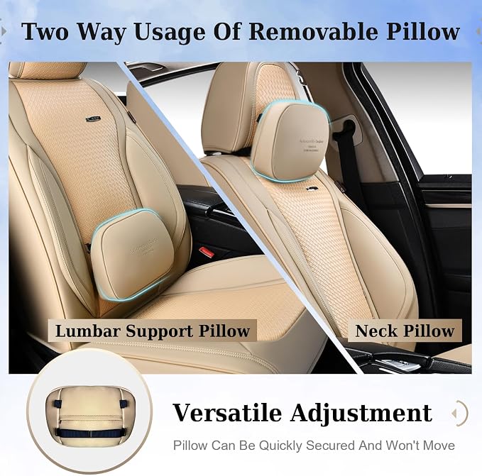 Coverado Seat Covers, Car Seat Covers Front Seats, Waterproof Nappa Leather Auto Seat Cover with Lumbar Head Pillow, Beige Seat Covers Carseat Cover Universal Fit for Most Cars - Image 2
