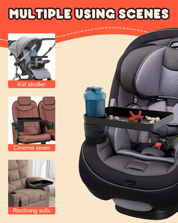 SEVEN SPARTA Car Seat Tray for Kids Toddler Travel with Soft Rubber Base | 360° Rotatable and Removable Cup Holder Snack Tray for Food Color and Play for Family Road Trip Essentials, 1, Standard Base - Image 6