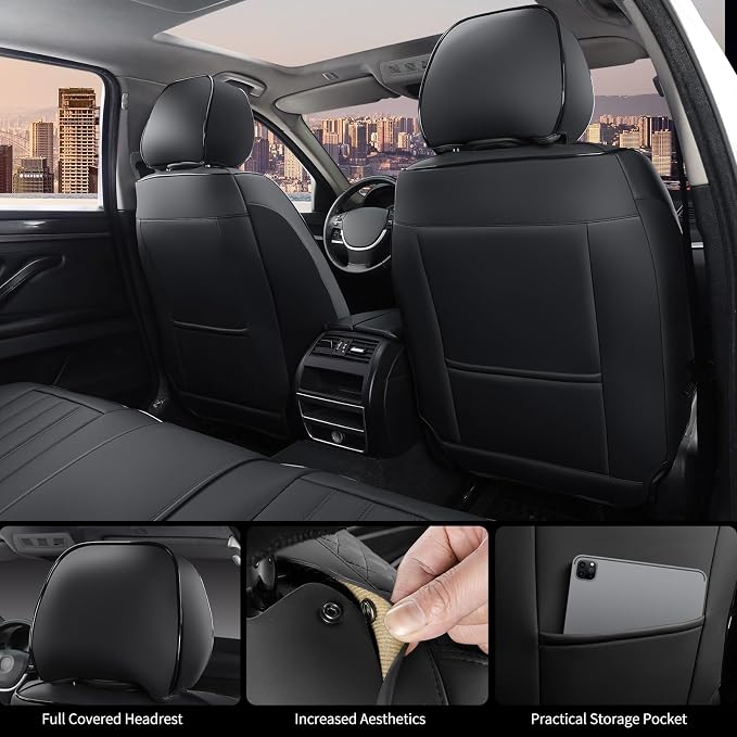 Leather Seat Covers for Cars, 2Pcs Universal Front Automotive Seat Covers, Full Coverage Waterproof Car Seat Covers for Most Trucks, SUVs, Sedans, Luxury Breathable Auto Seat Cover, Black - Image 2