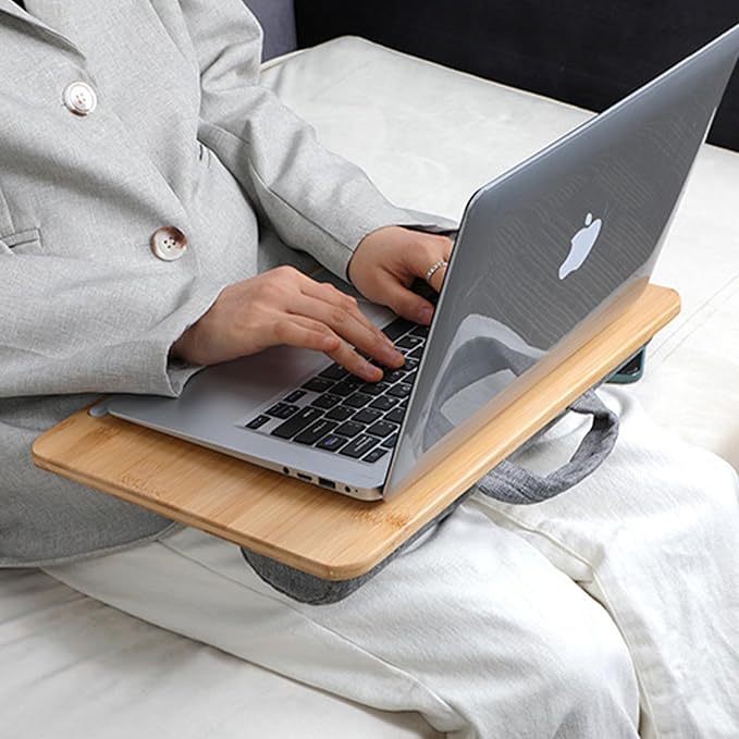 Bamboo Lap Desk for Laptop with Cushion Tablet Phone Holder Handle | Laptop Stand with Anti-Slip Strip Fits up to 14 inch Portable Computer Lap Desk for Couch, Bed & Car - Image 5